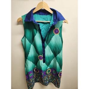 Silk Blend Sleeveless Top Green Blue Abstract‎ Print Unique Stylish Blouse